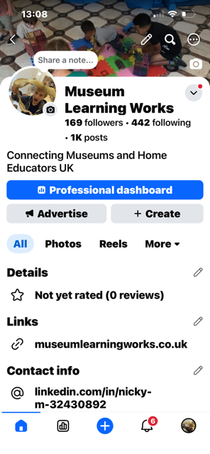 Screen shot showing the Museum Learning Works Facebook page
